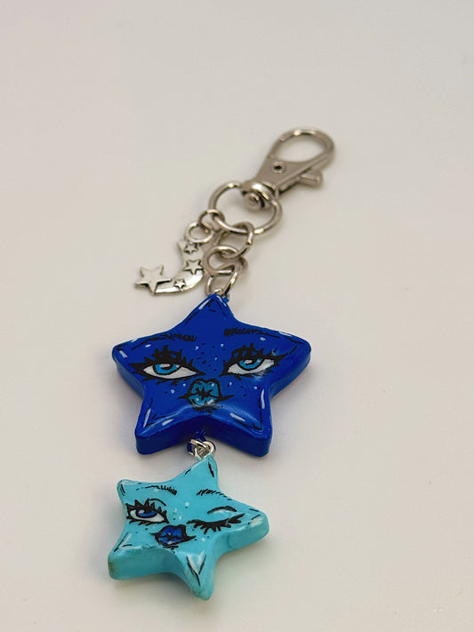 Double Star Celestial Face Keychain – Handmade Star Bag Charm