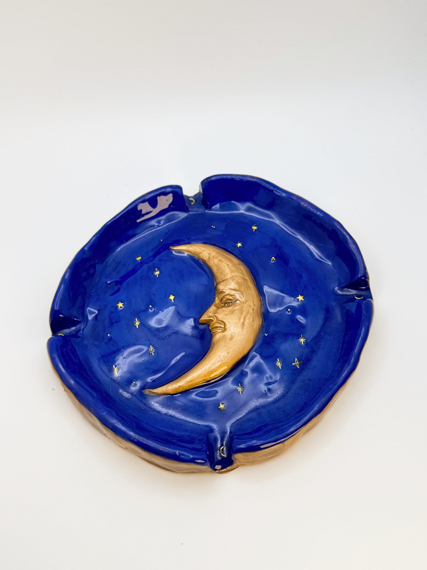 Handmade 90s Celestial Moon Ashtray – 6” Polymer Clay Starry Night Smoking Tray – Blue & Gold Resin Ashtray