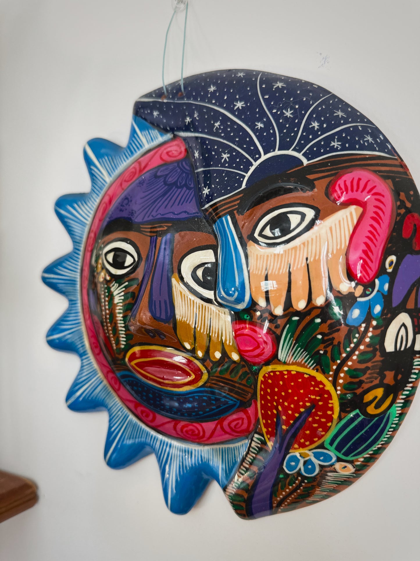 Vintage Mexican Talavera Sun & Moon Wall Art – 12” Hand-Painted Folk Art