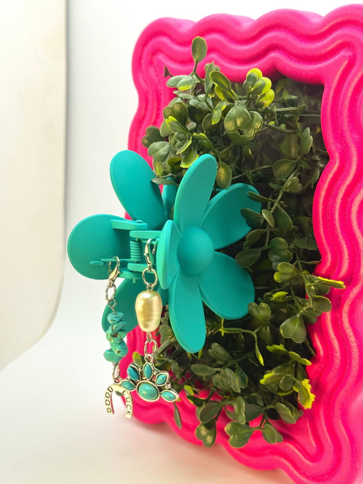 Turquoise Flower Medium Claw Clip with Handmade Beaded Charms | Removable Charm Clip | 3.1”
