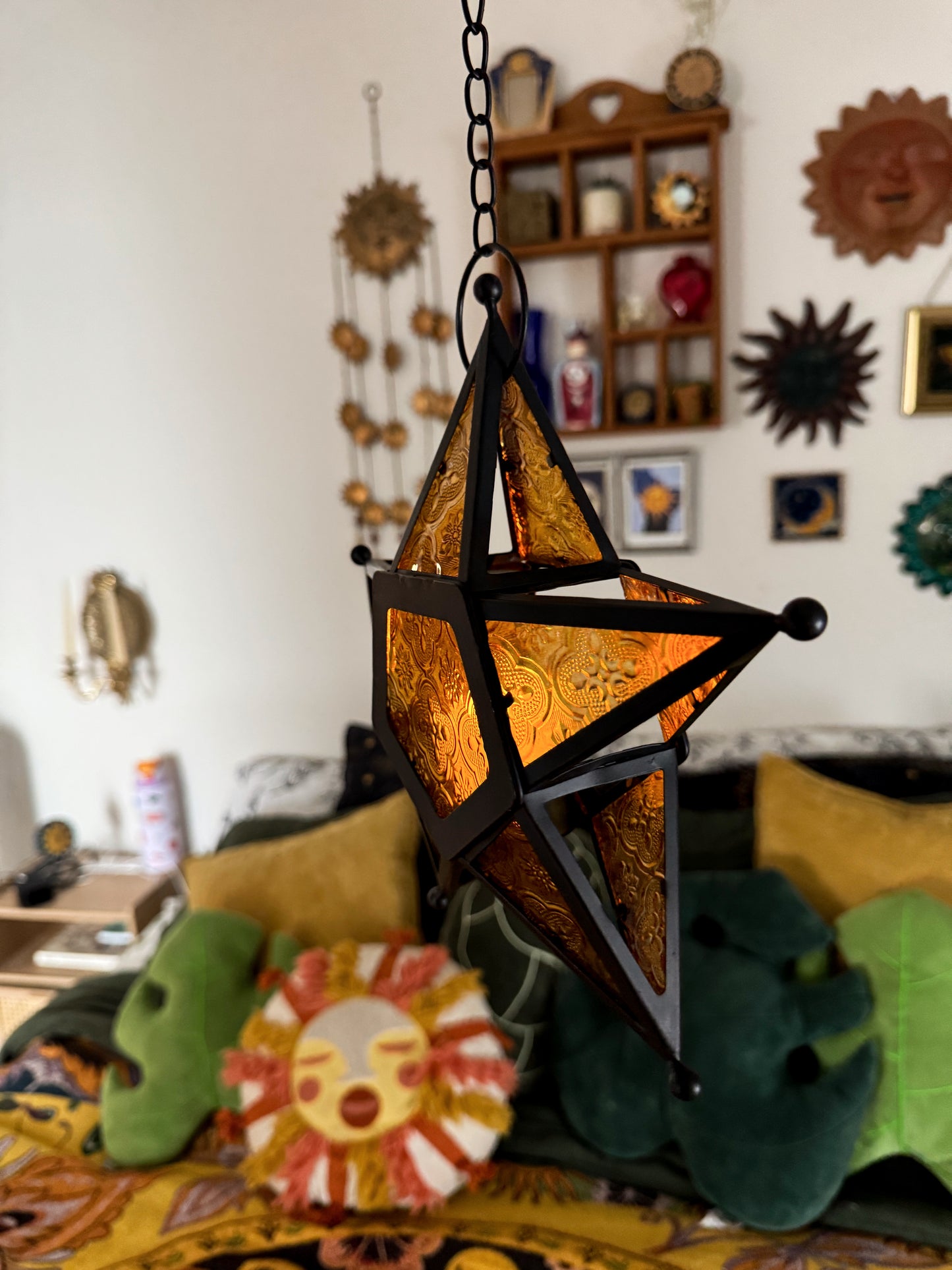 Set of 2 Moravian Star Hanging Candle Lanterns – Amber & Yellow Glass