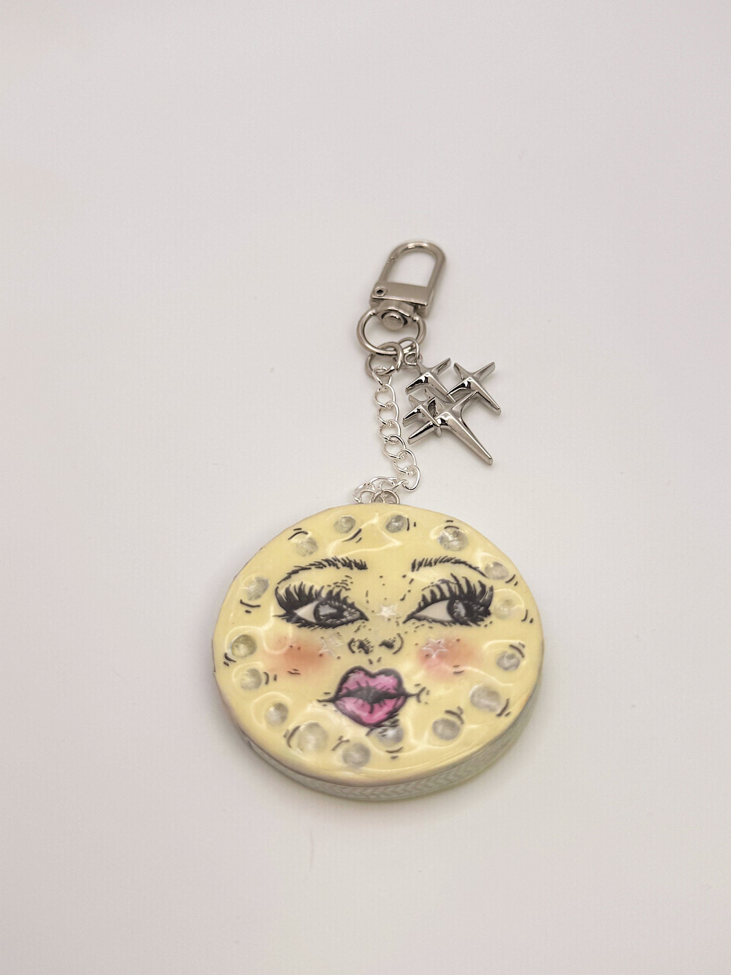 Moon Face Keychain & Bag Charm – Hand-Painted Celestial Charm with Star Accen