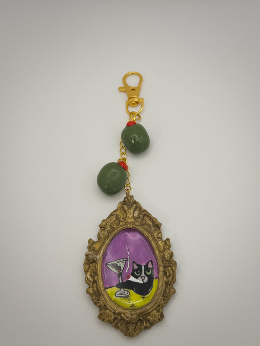 Vintage Frame Martini Cat Keychain – Handmade Polymer Clay Bag Charm