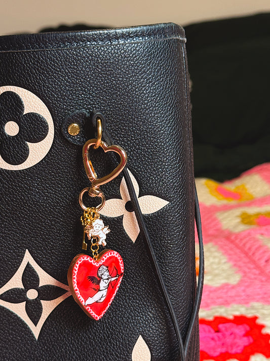 Cherub Heart Bag Charm – Handmade Cupid Keychain with Gold Heart Clip