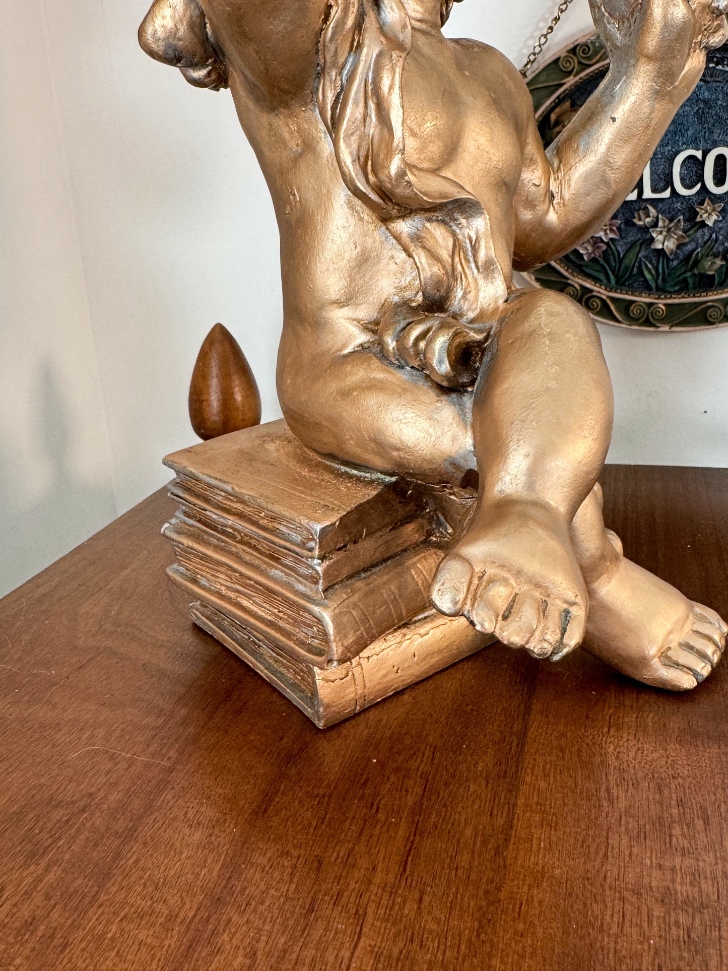 Vintage Cherub Double Candle Lamp Sitting on Books | Gold Angel Table Lamp