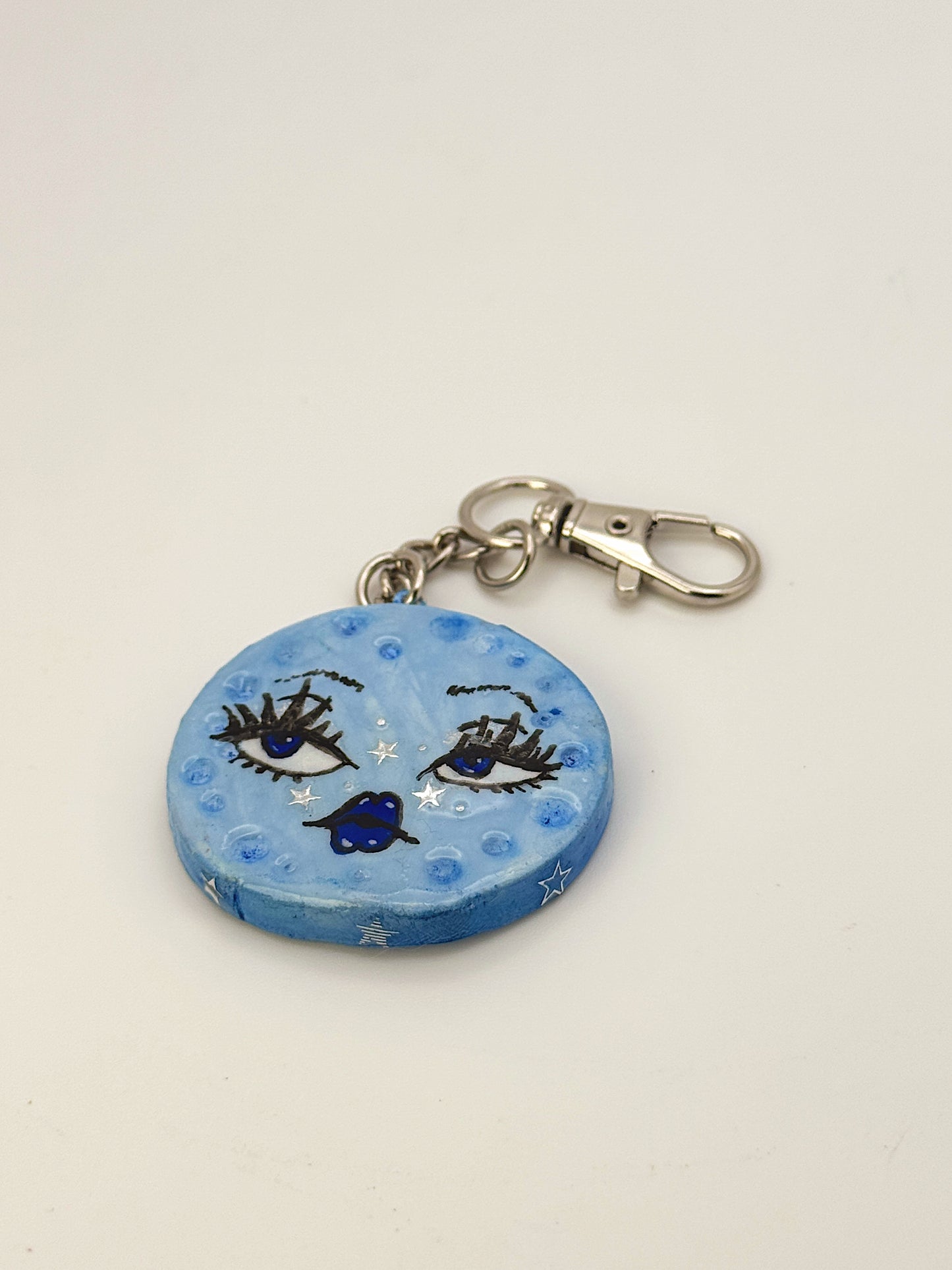 Baby Blue Mini Moon Babe Keychain – Hand-Sculpted Polymer Clay (1.5–2”)