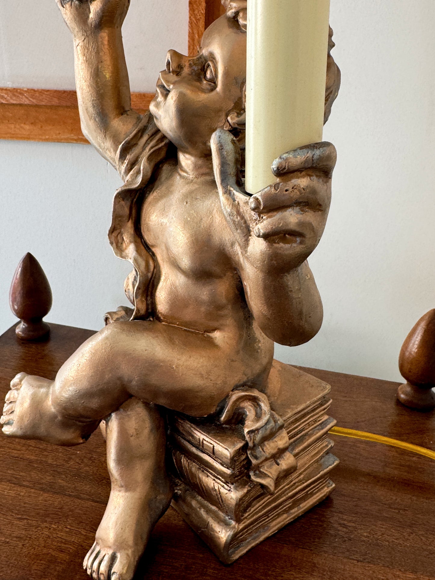 Vintage Cherub Double Candle Lamp Sitting on Books | Gold Angel Table Lamp