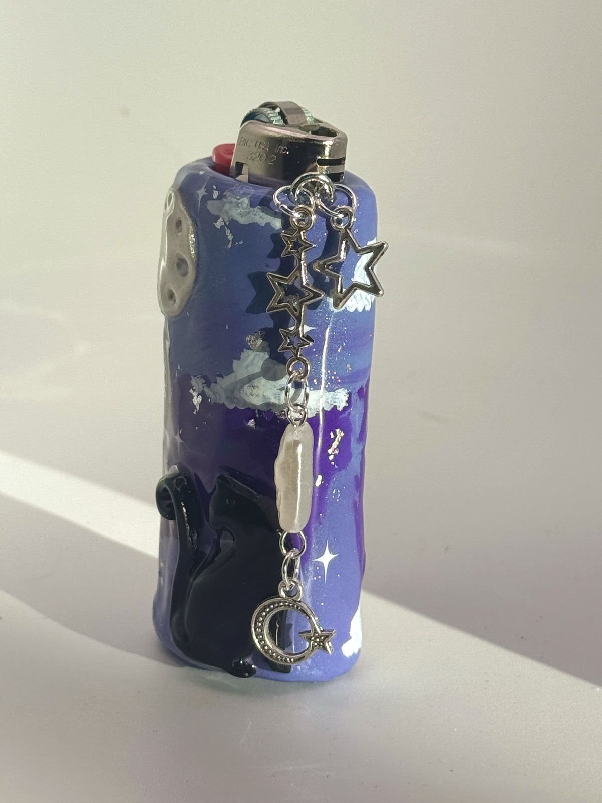 Black Cat Case with charm| Fits Standard Bic | Handmade Polymer Clay Art