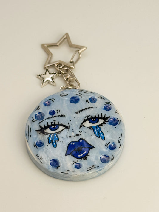 Sad Girl Moon Keychain – Polymer Clay Bag Charm – Hand Painted Celestial Moon Charm