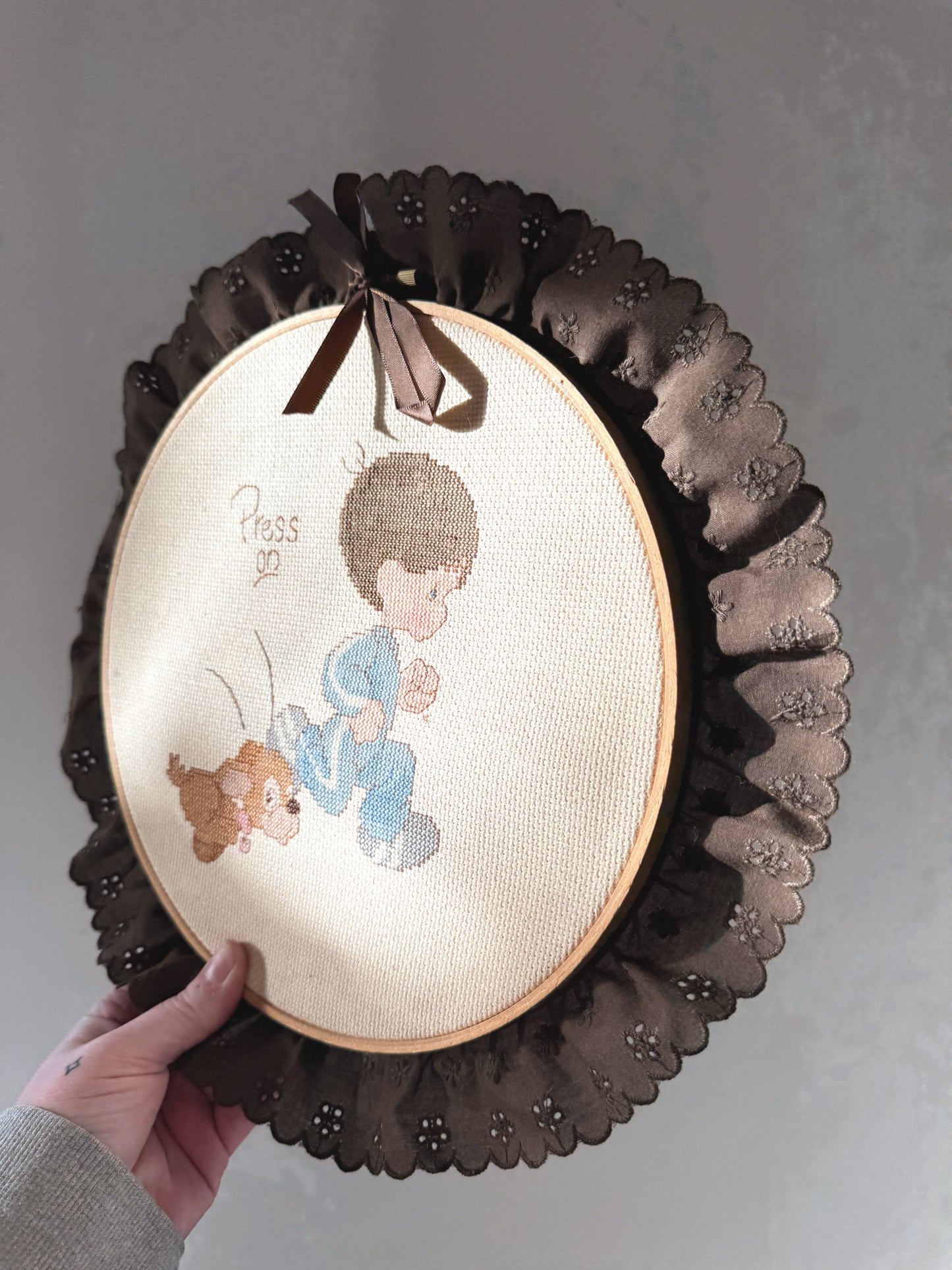 Vintage Nursery Cross Stitch Wall Hanging | Boy & Puppy | Framed Embroidery Hoop