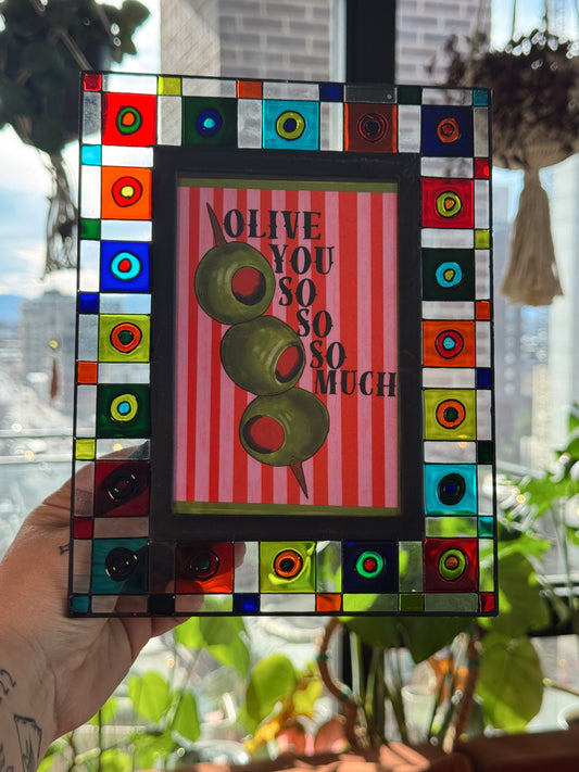 Vintage Stained Glass Picture Frame with “Olive You So Much” Art Print – 9” x 7”