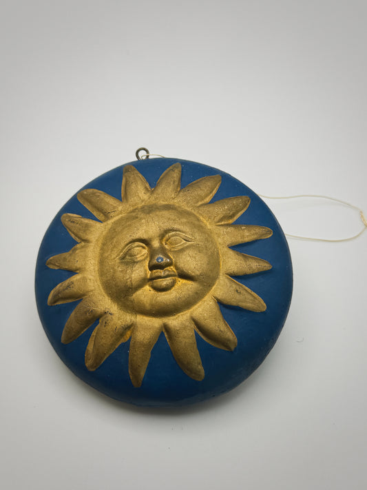 Vintage 3.5” Celestial Sun Ornament – Gold & Blue Whimsigoth Wall Decor