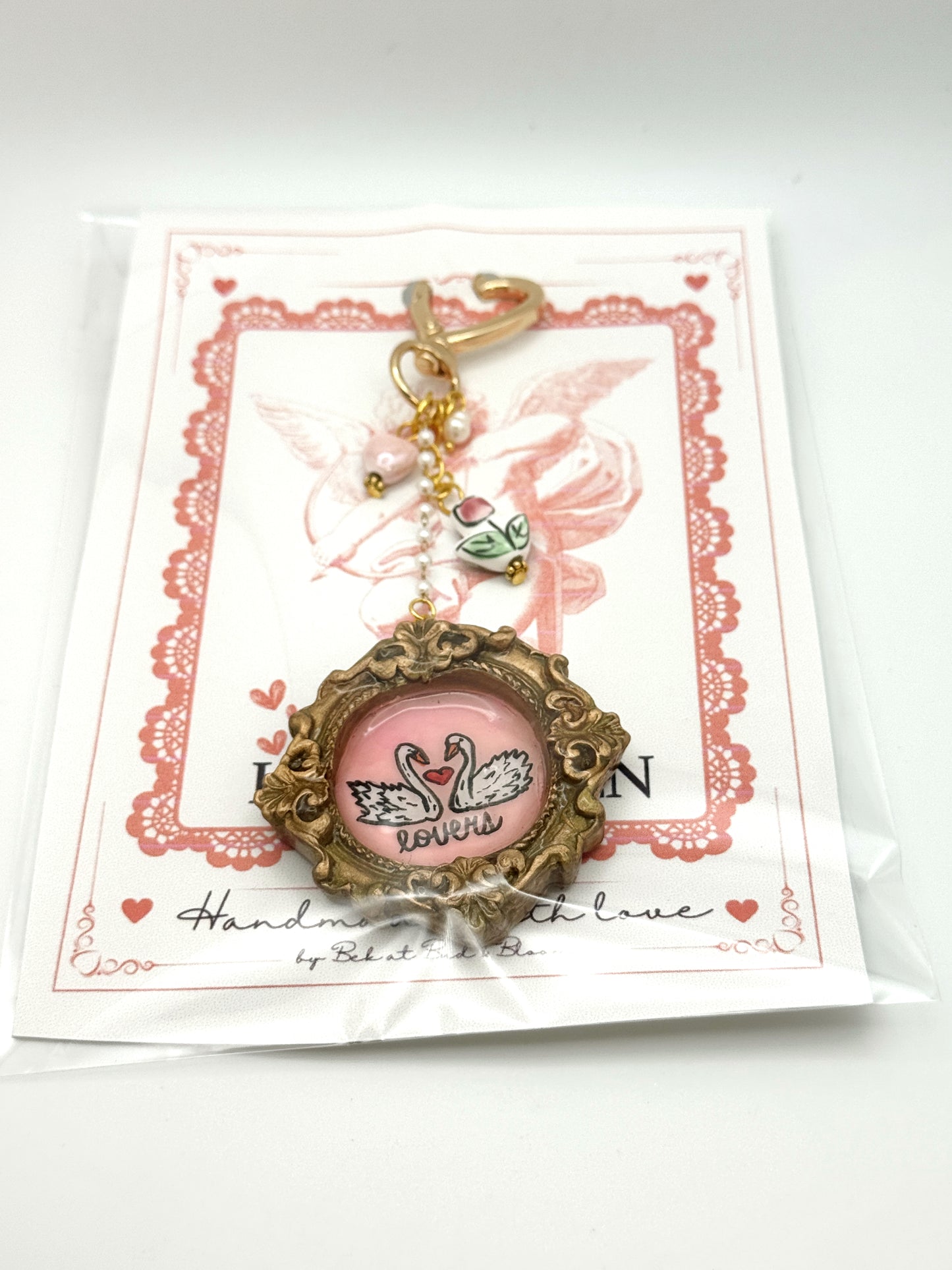 Vintage Heart Swan Bag Charm – Ornate Oval Frame Keychain with Handmade Details