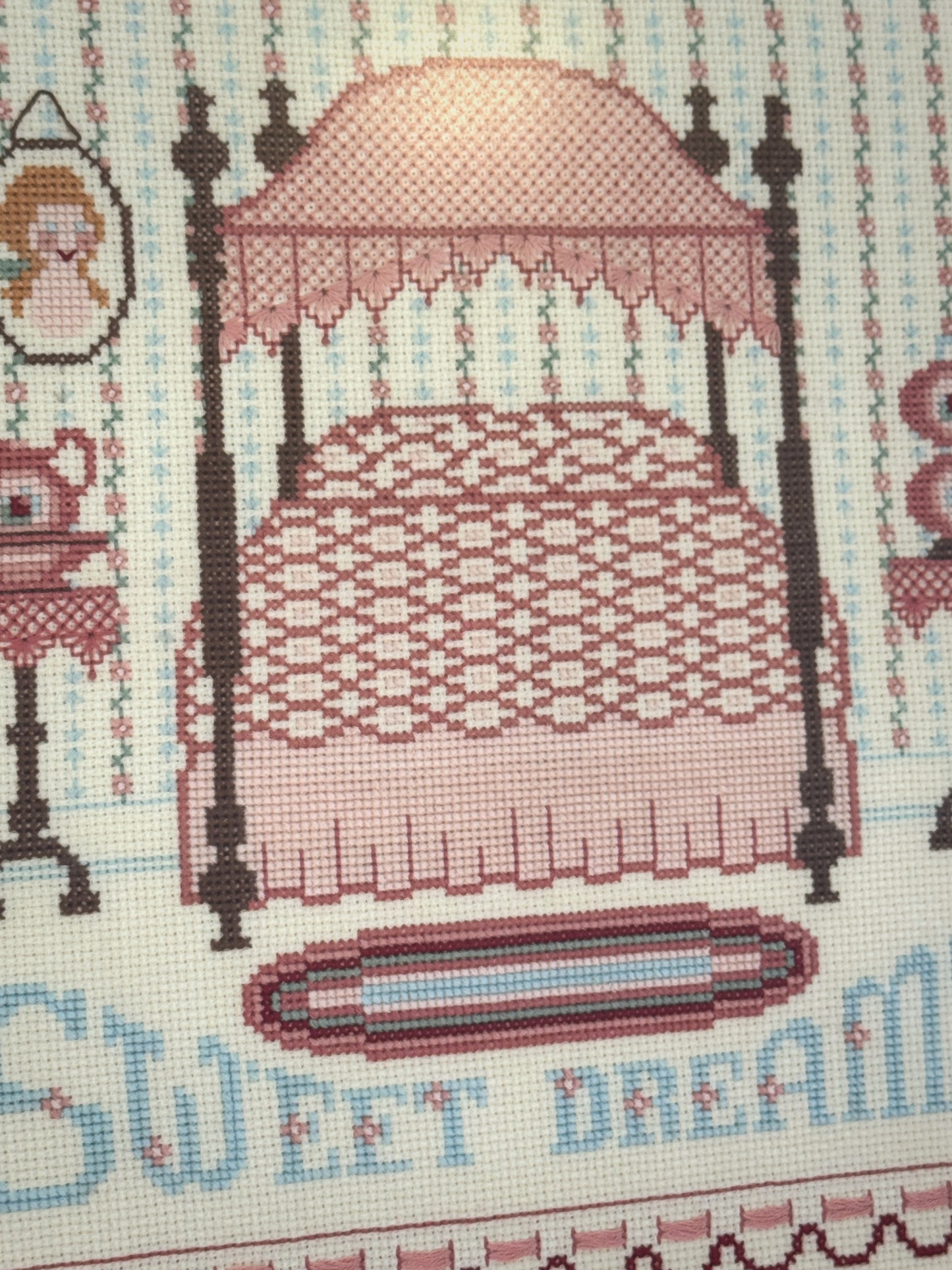 Vintage Framed Cross-Stitch (Needlepoint-Style) Wall Art – “Sweet Dreams” – 13” x 13”