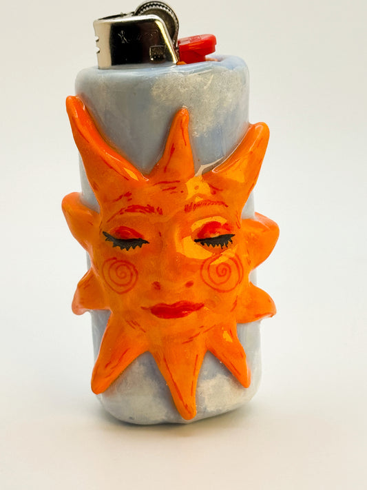 Handmade Sun Face Lighter Case – Polymer Clay Celestial Cover – Fits Standard Bic Lighter