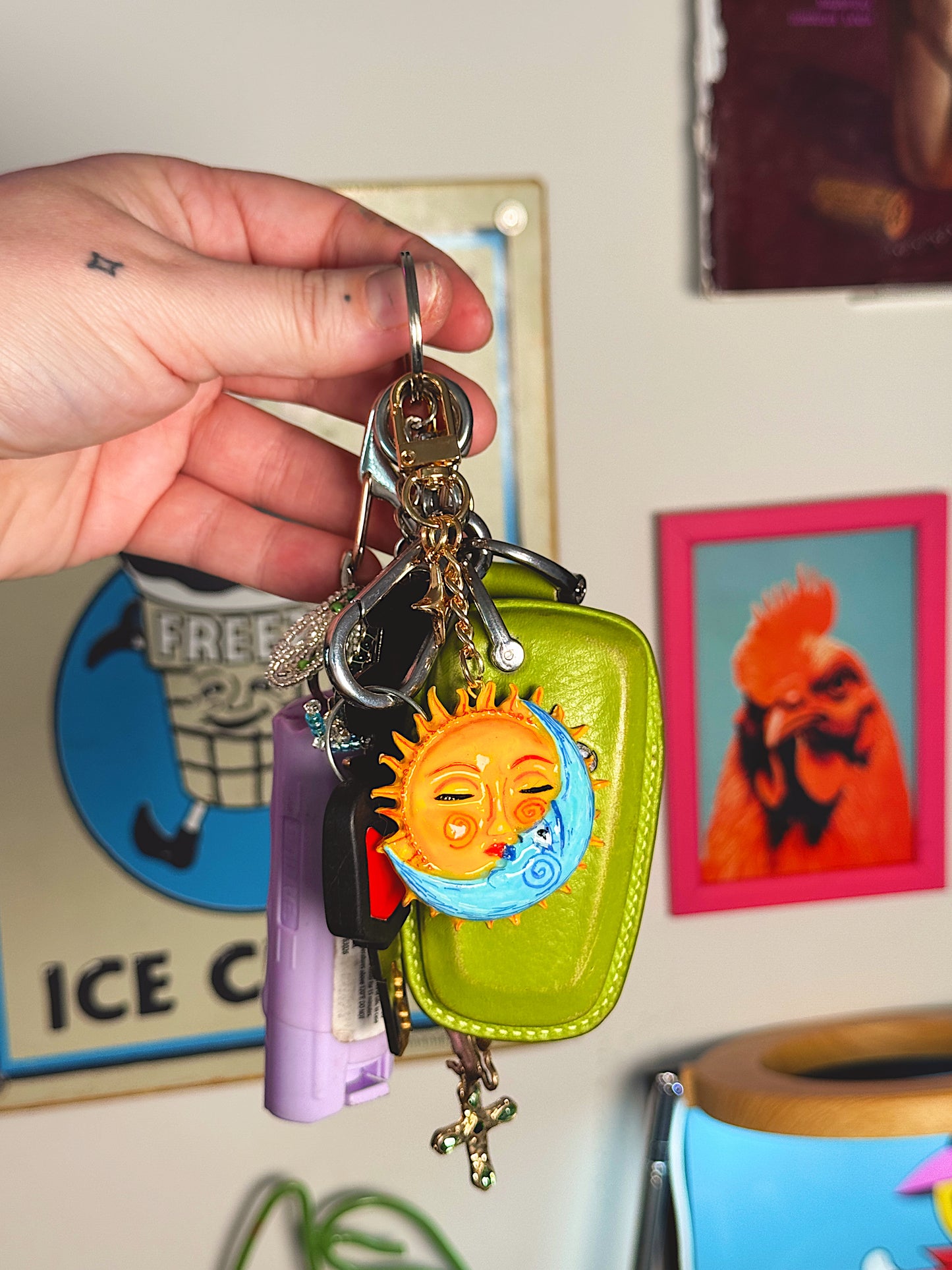 Sun & Moon Bag Charm – Hand-Painted Celestial Keychain with Gold Hardware