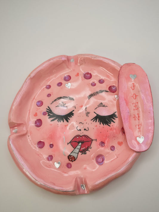 Pink Smoking Moon Ashtray – Hand-Painted Celestial Moon Dish (6”)
