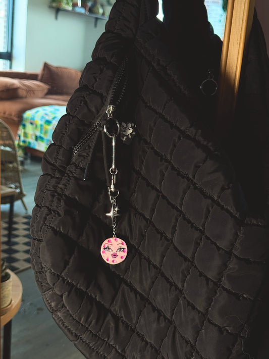 Mini Moon Face Bag Charm – Hand-Painted Celestial Keychain with Silver Hardware