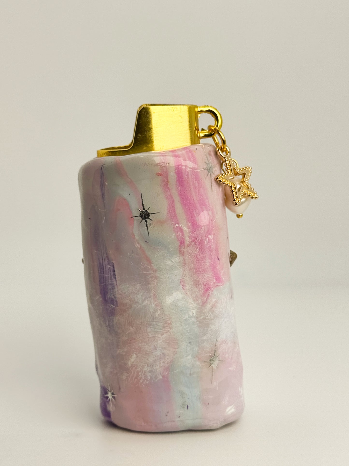 Gold Celestial Star Lighter Case w/ Charm | Fits Standard Bic | Handmade Polymer Clay Art