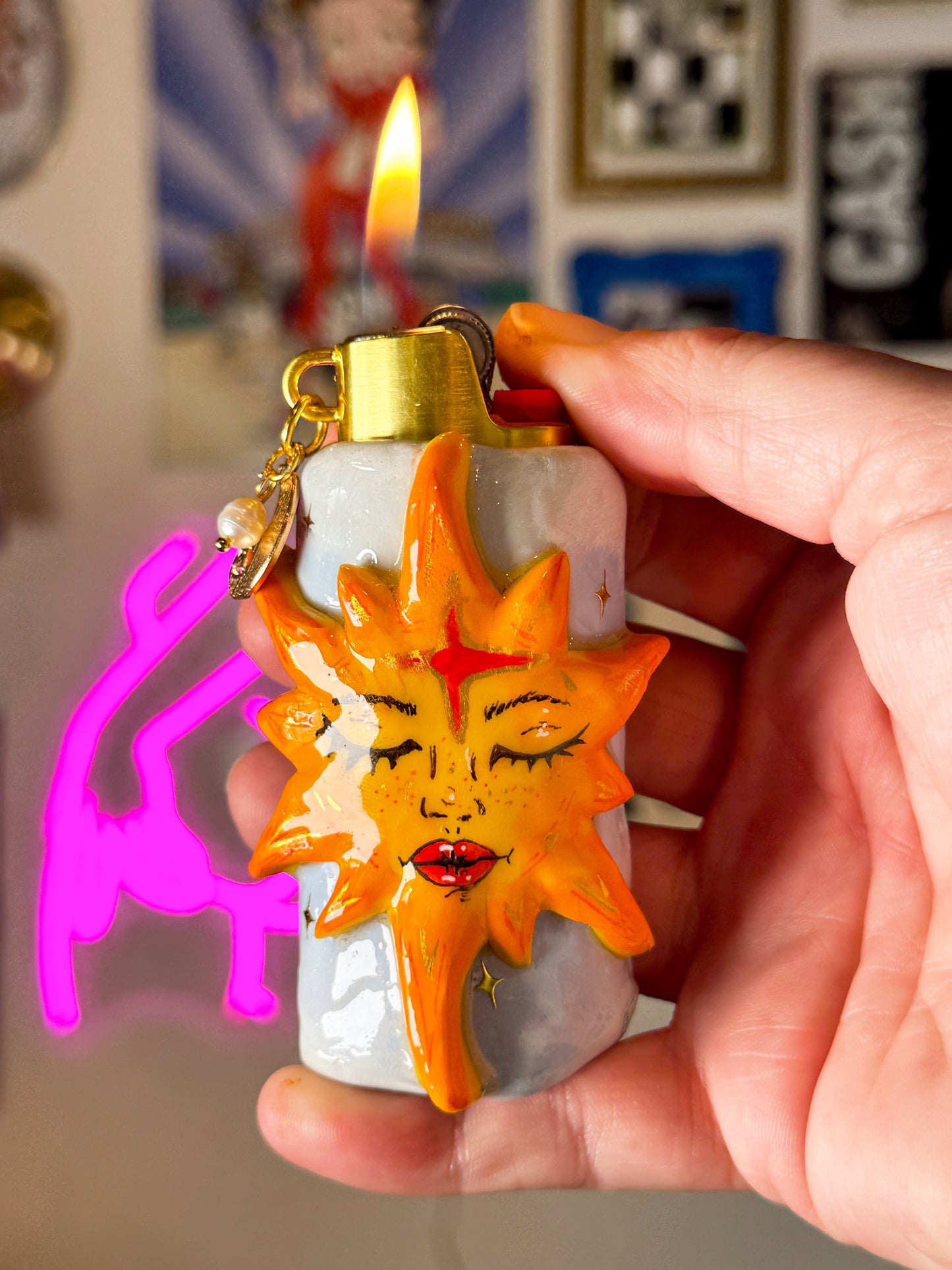 Miss Whimsy Sun Lighter Case w/ Charm | Fits Standard Bic | Handmade Polymer Clay Art
