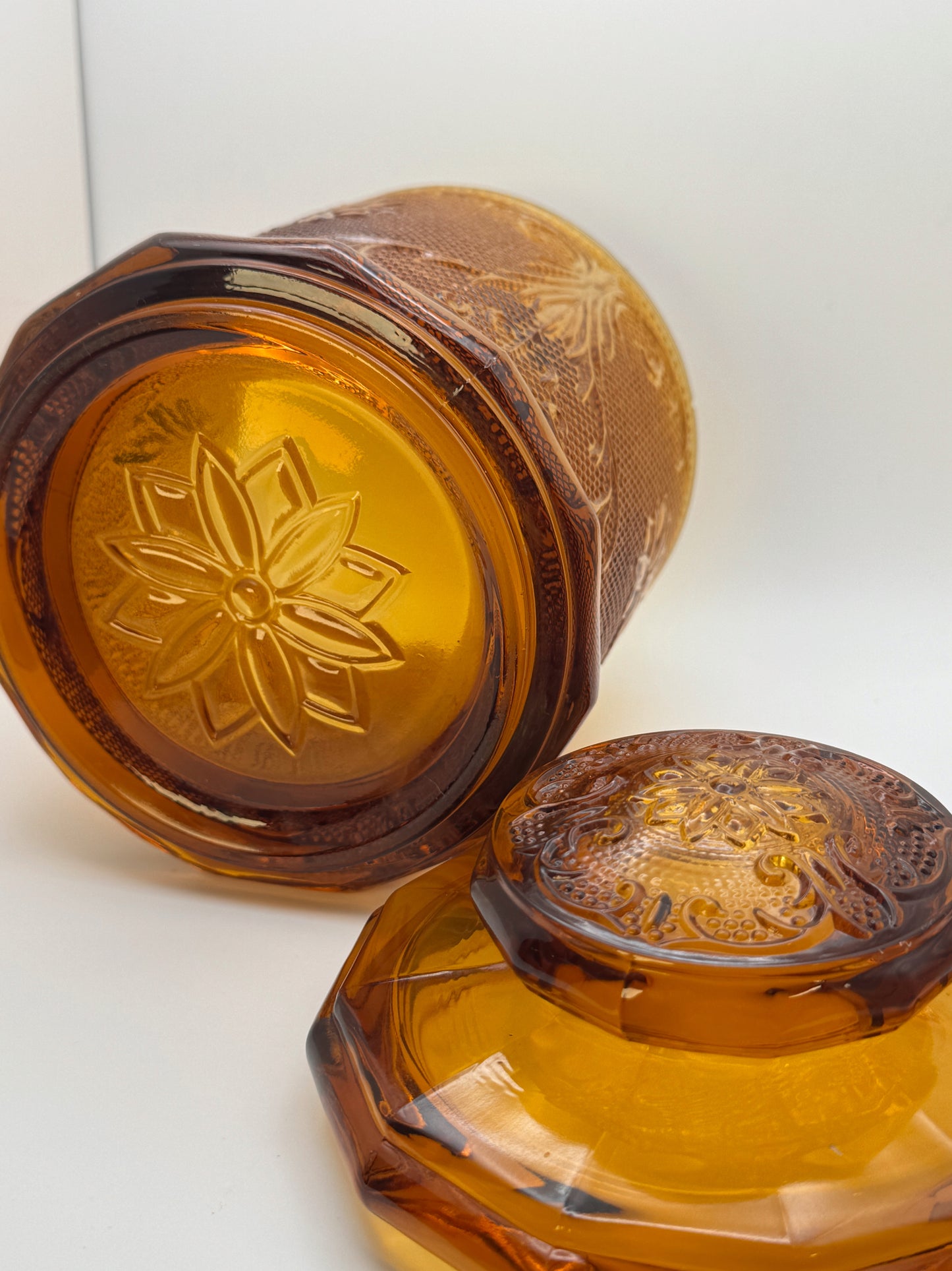 Vintage Amber Glass Lidded Canister Jar • Floral Pressed Glass • Heavy Indiana-Style Storage Jar