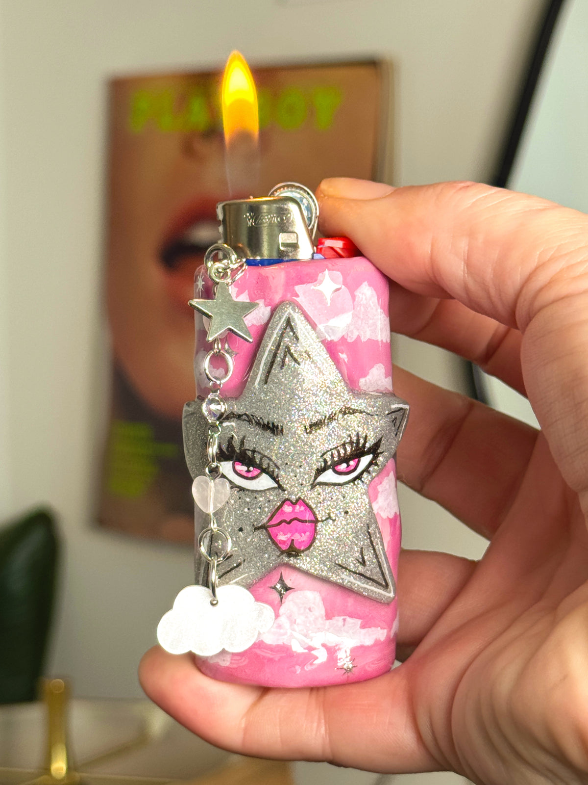 Sweet Dreams Star Lighter Case with charm| Fits Standard Bic | Handmade Polymer Clay Art