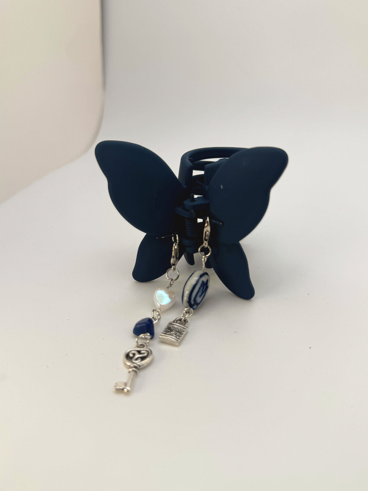 Dark Blue Butterfly Small Claw Clip with Handmade Beaded Charms | Removable Charm Clip | 2.1”