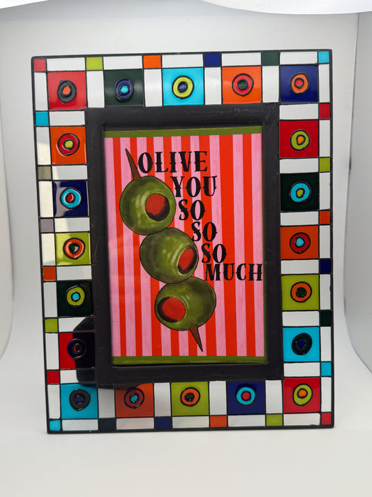 Vintage Stained Glass Picture Frame with “Olive You So Much” Art Print – 9” x 7”