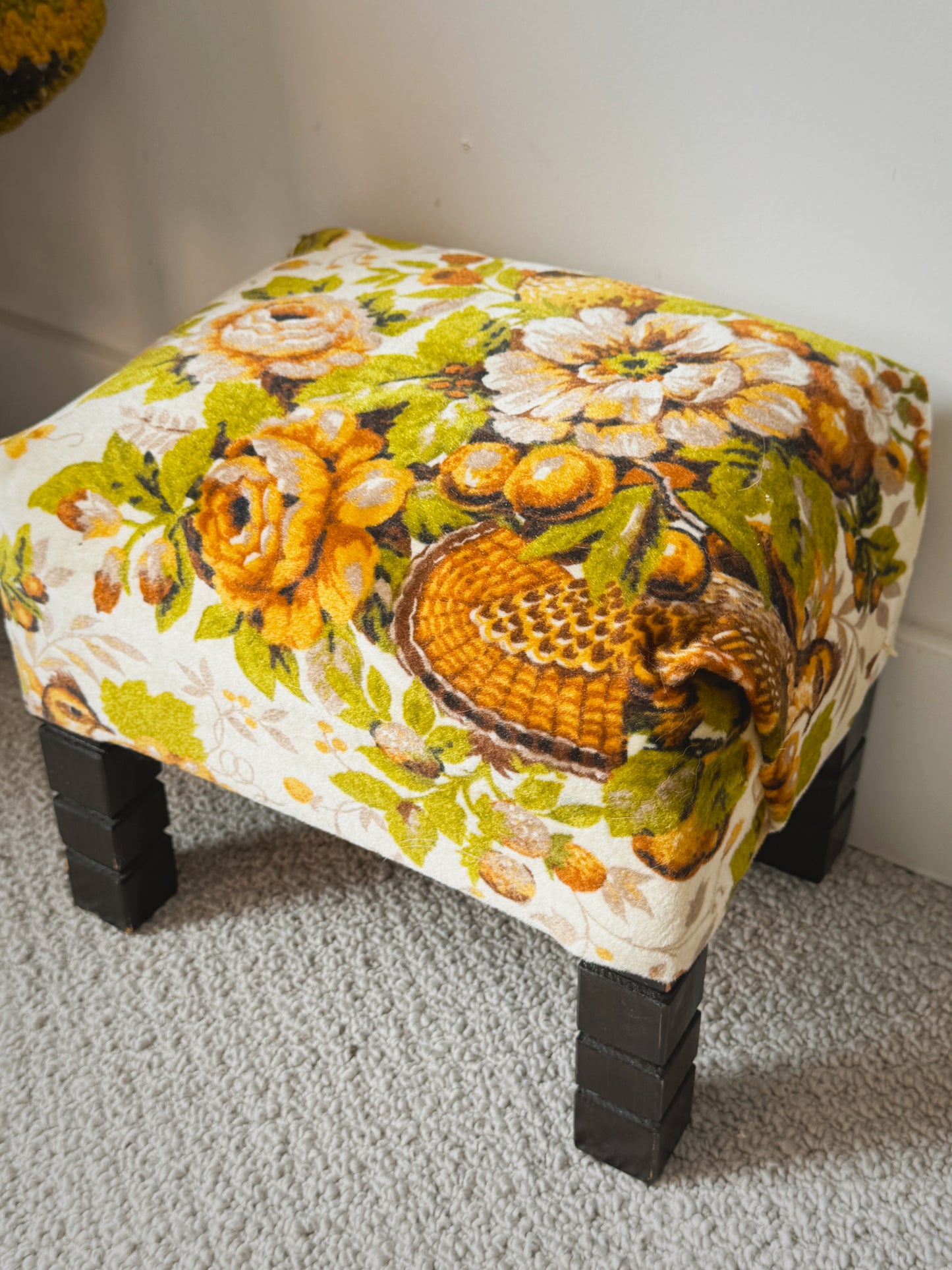 Vintage 1970s Velvet Tapestry Footstool – Retro Harvest Pattern Stool