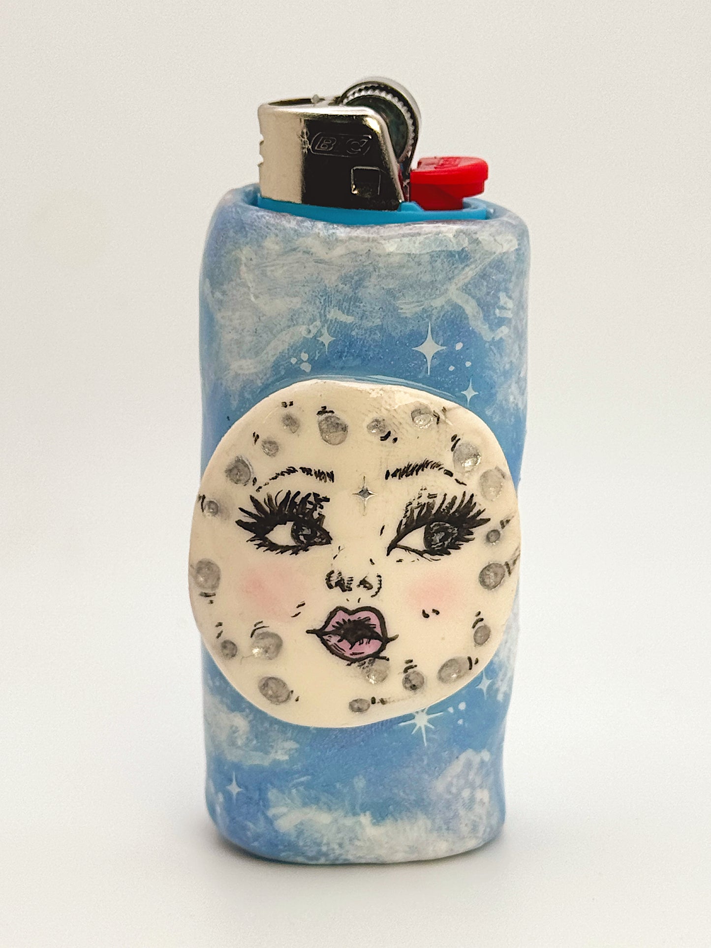 Celestial Moon Lighter Case – Hand-Painted Blue Sky Design