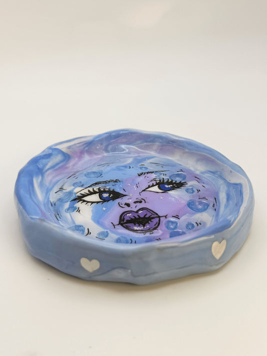 Handmade Moon Face Ring Dish – 3.5” Polymer Clay Celestial Trinket Dish – Blue & Purple Starry Jewelry Dish