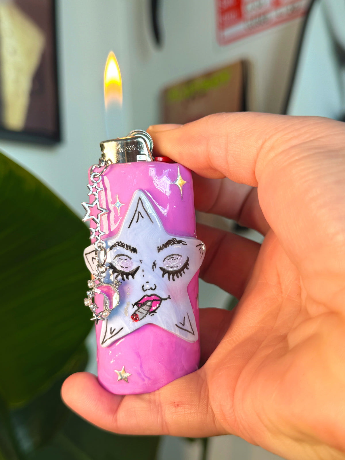 Smoking Star Case with charm| Fits Standard Bic | Handmade Polymer Clay Art