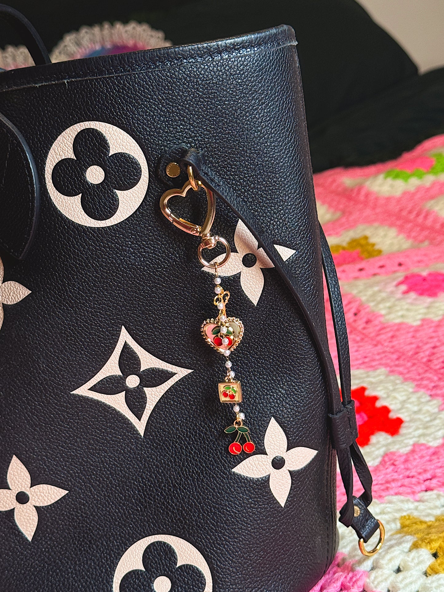 Cherry Heart Bag Charm with Gold Heart Clip & Pearl Chain