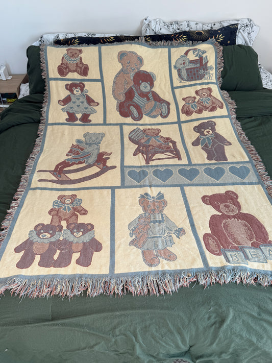 Vintage Teddy Bear Patchwork Throw Blanket | 90s Cottagecore Nursery Quilt | Woven Fringe Blanket