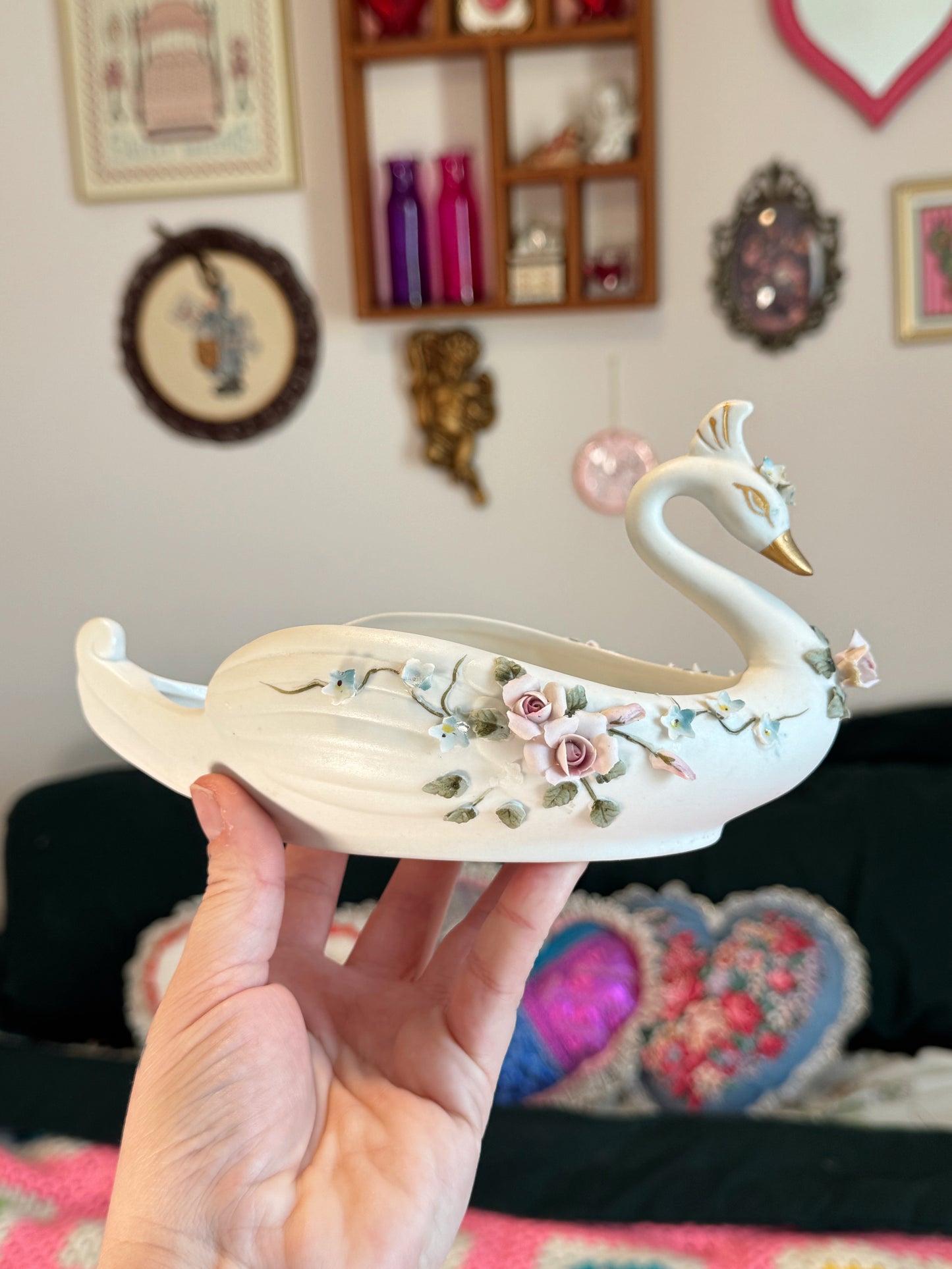 Vintage Hand-Painted Swan Jewelry Dish with Floral Details