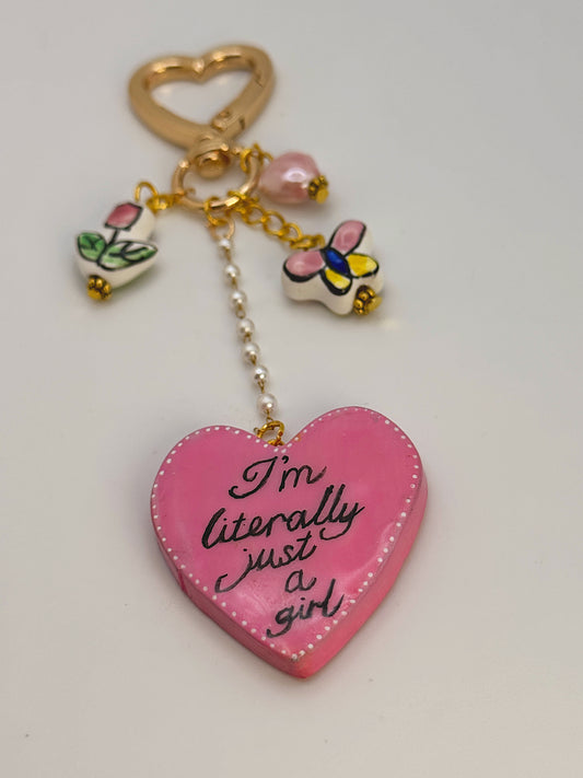 I’m Literally Just a Girl Keychain – Handmade Heart Bag Charm with Gold Clip