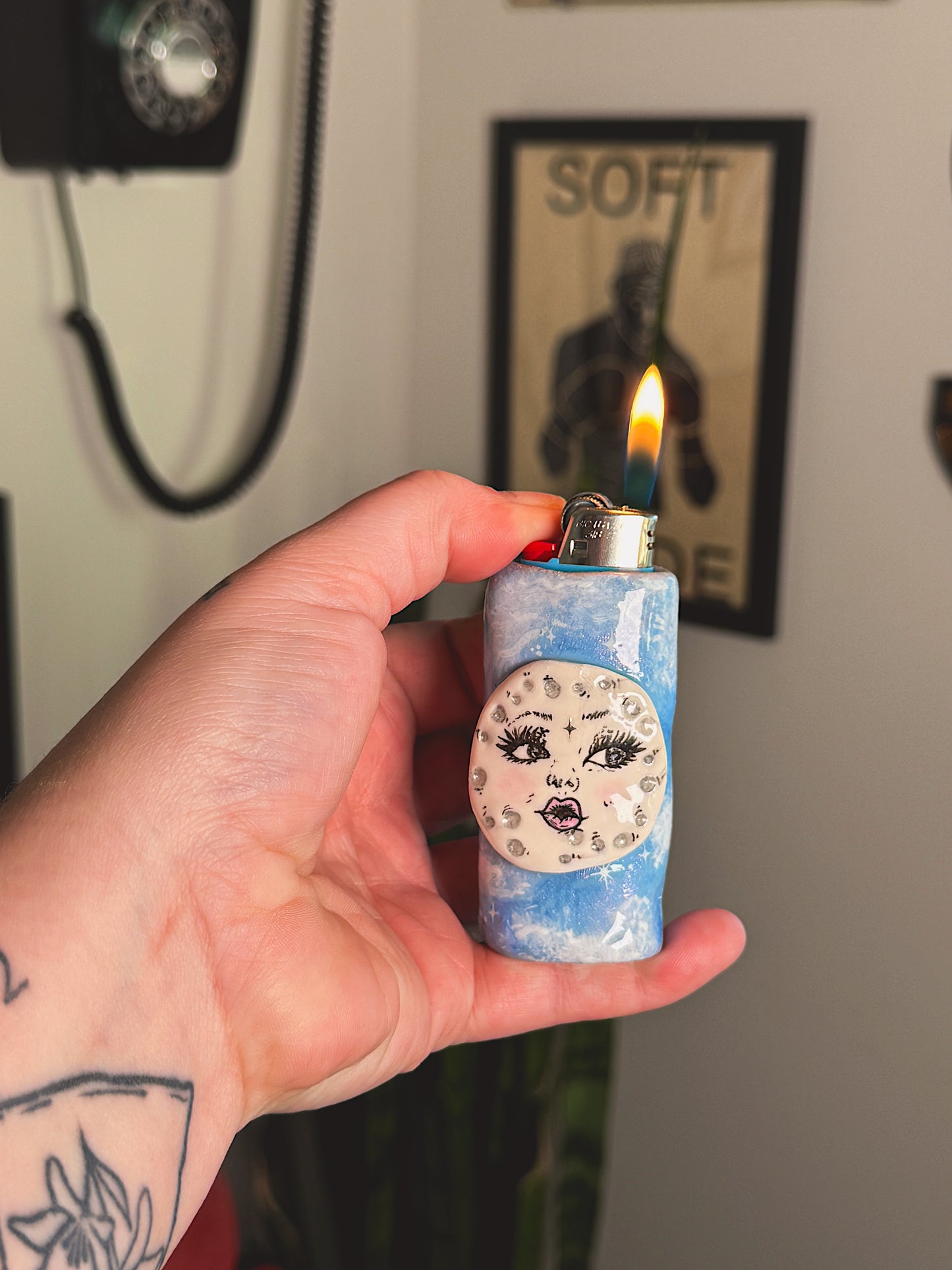 Celestial Moon Lighter Case – Hand-Painted Blue Sky Design