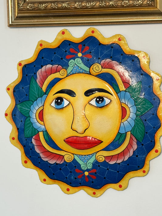 Vintage Talavera Style Sun Face Wall Hanging – 10” Hand Painted Boho Decor