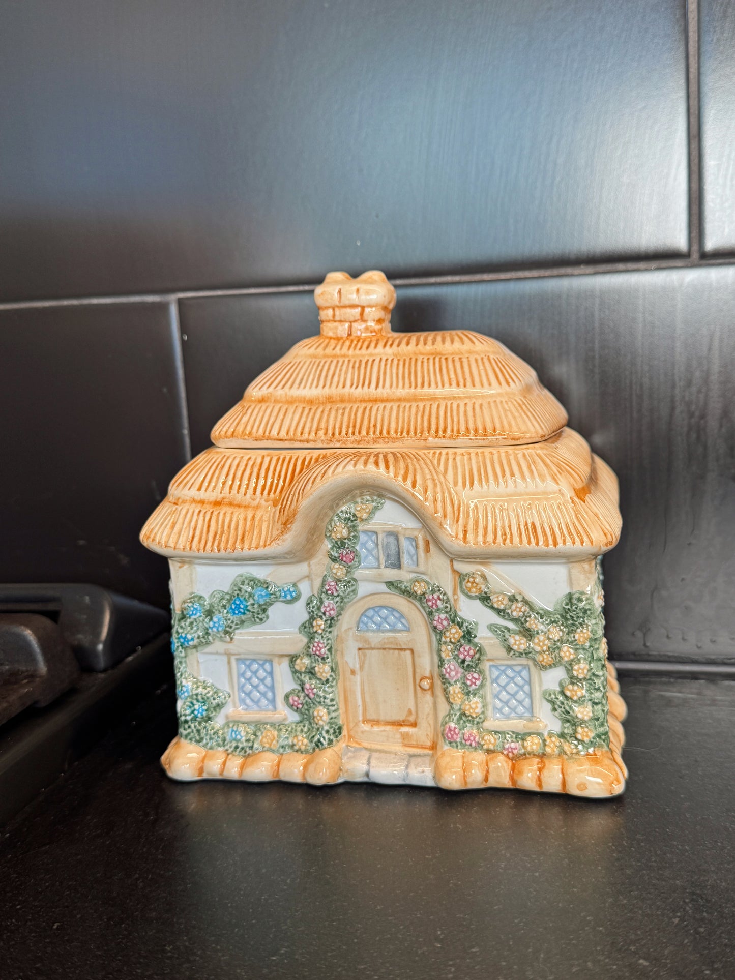 Vintage Teleflora Cottage House Ceramic Jar – Whimsical Cookie & Trinket Storage