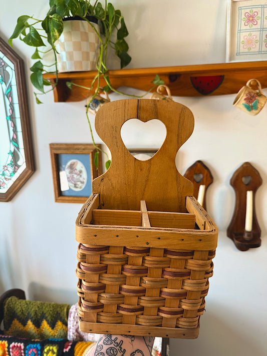 Vintage Wooden Divided Basket with Handle – Cottagecore Picnic / Utensil Organizer – Heart Cutout
