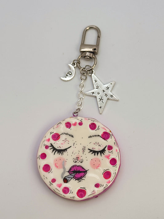 Smoking Moon Face Keychain – Hand-Painted Celestial Charm