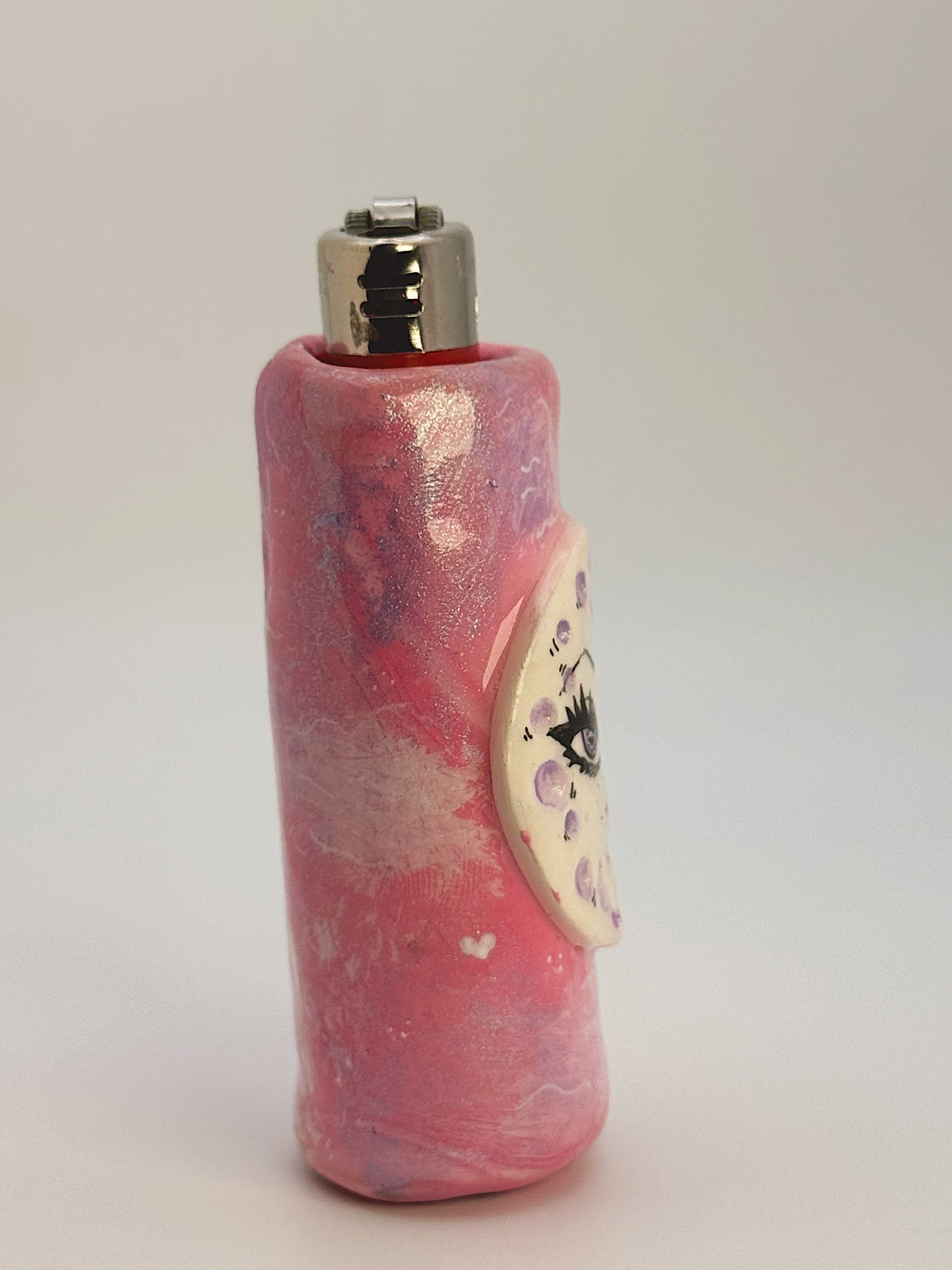 Winking Moon Lighter Case – Handmade Pink Celestial Polymer Clay Cover