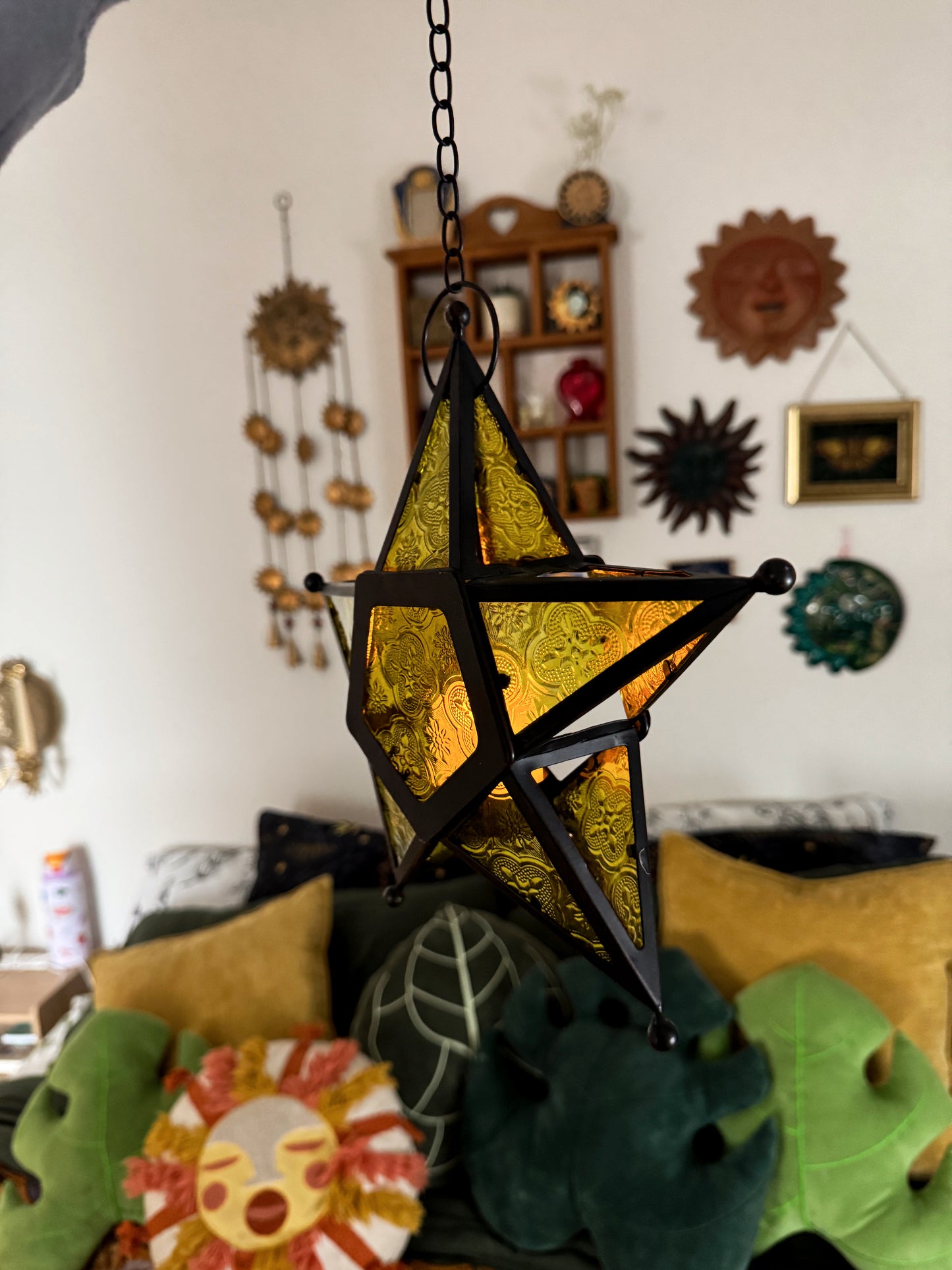 Set of 2 Moravian Star Hanging Candle Lanterns – Amber & Yellow Glass