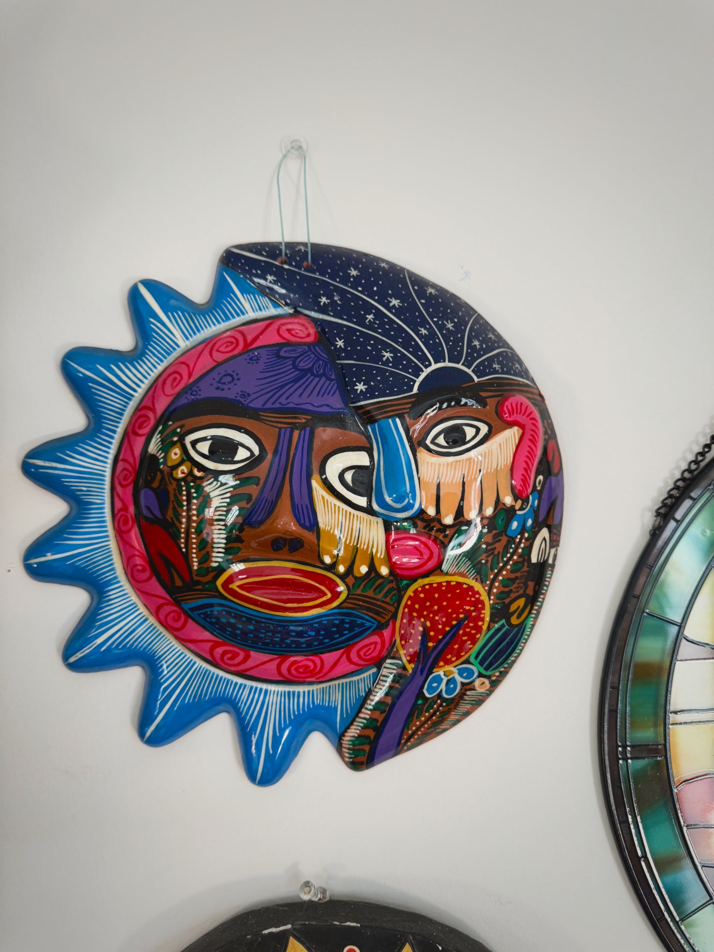 Vintage Mexican Talavera Sun & Moon Wall Art – 12” Hand-Painted Folk Art