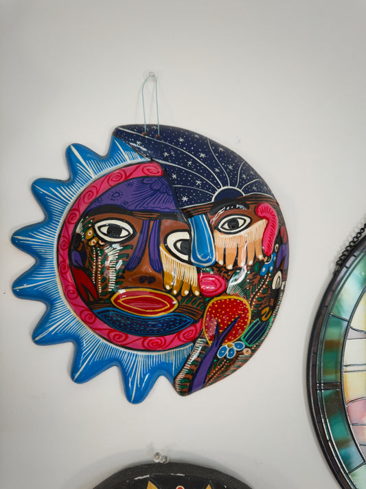 Vintage Mexican Talavera Sun & Moon Wall Art – 12” Hand-Painted Folk Art