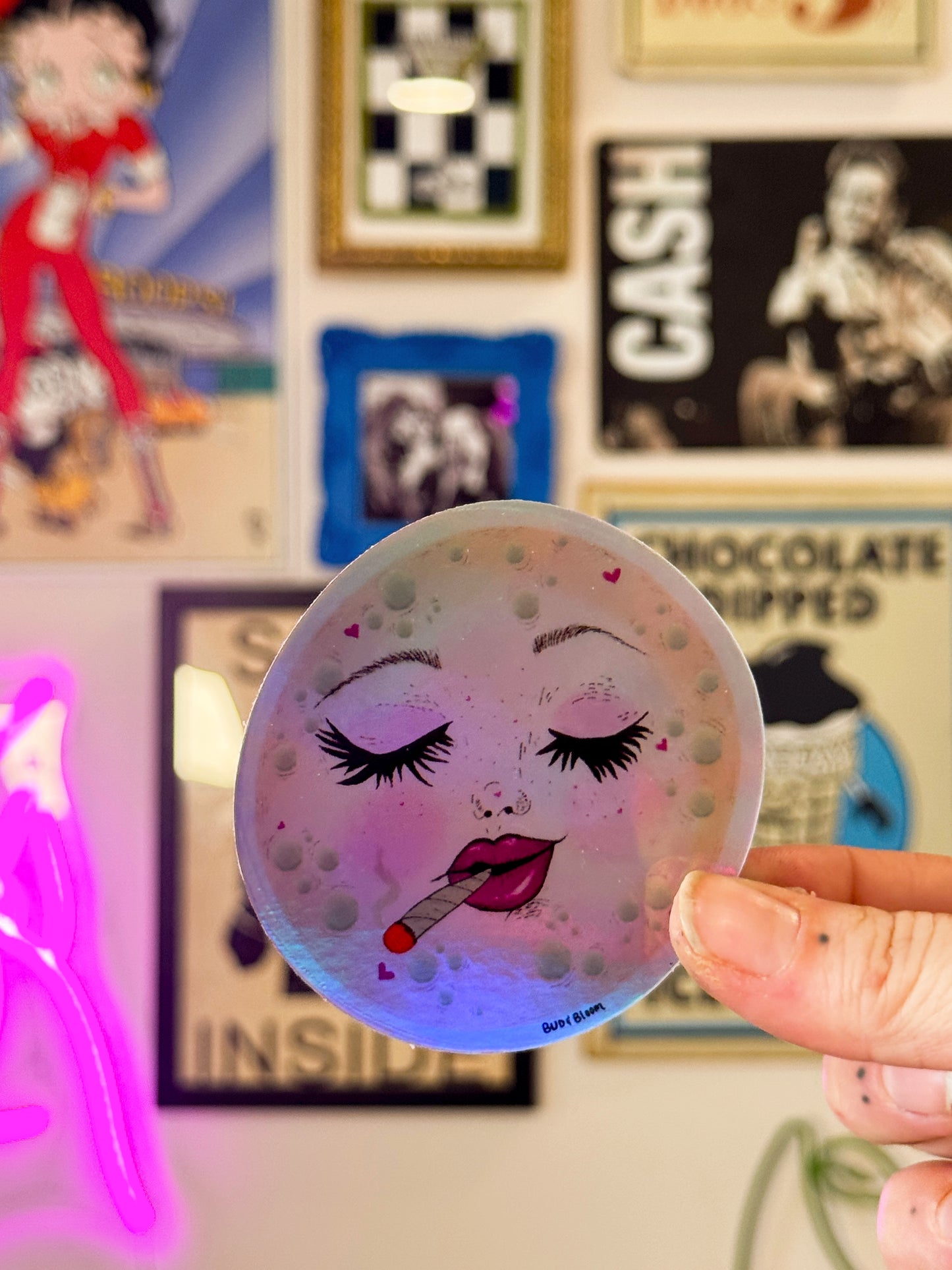 Holographic Smoking Moon Vinyl Sticker | Whimsical Celestial Moon Art
