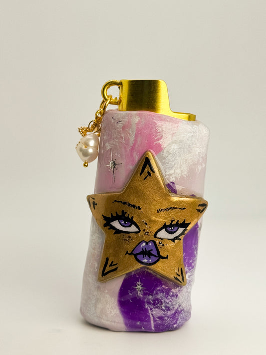 Gold Celestial Star Lighter Case w/ Charm | Fits Standard Bic | Handmade Polymer Clay Art