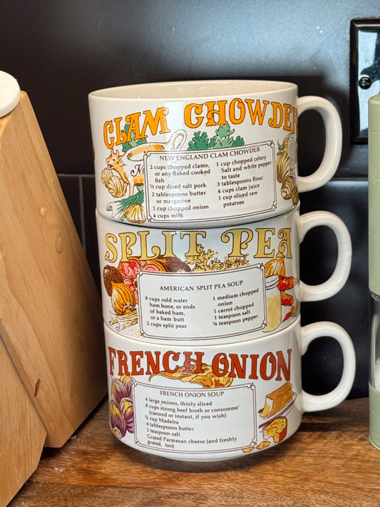 Vintage 1970s Recipe Soup Mug Set – Made in Japan – Clam Chowder, Split Pea & French Onion