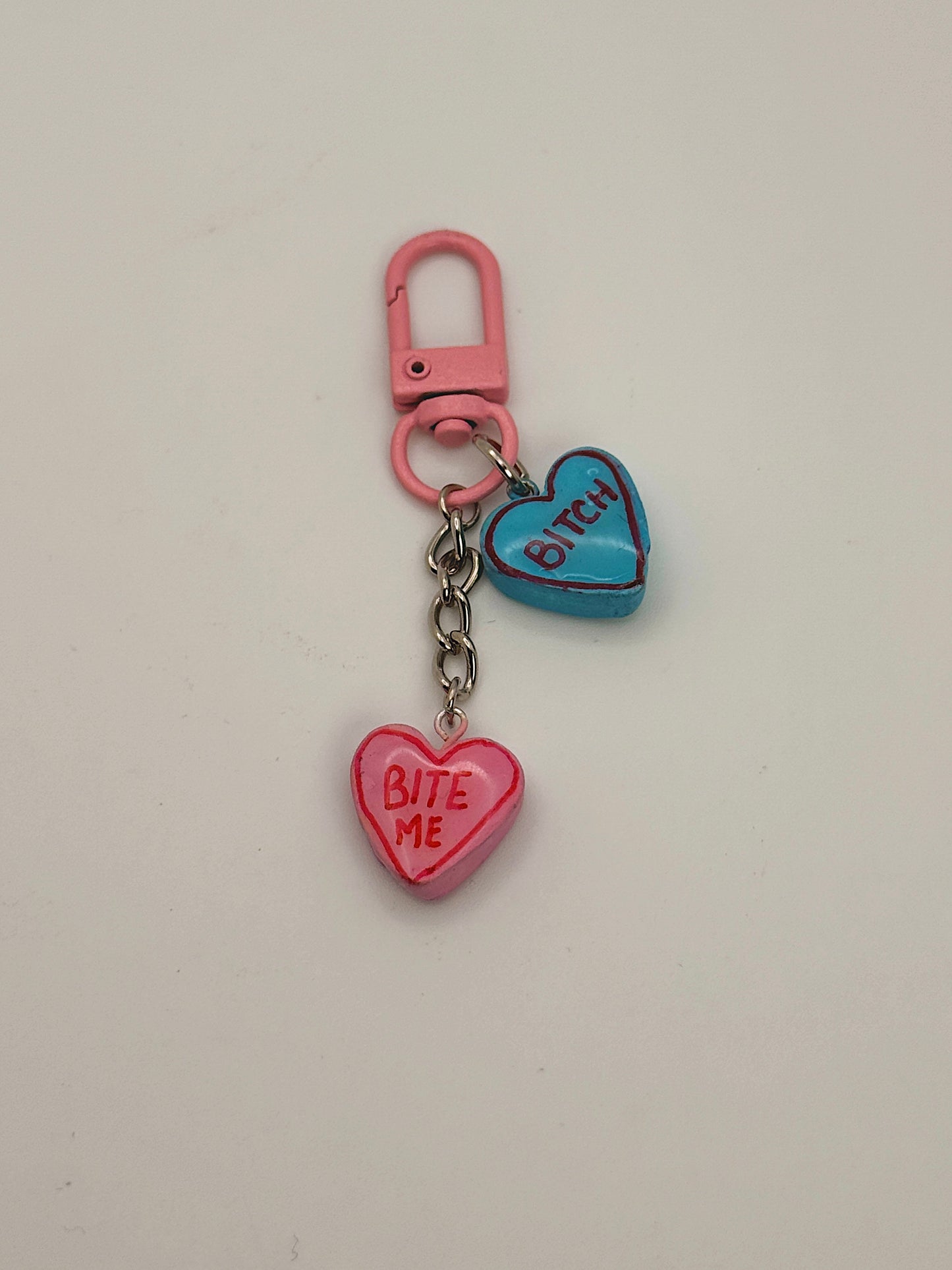 Sassy Conversation Hearts Bag Charm – Pink Clip with Bold Statement Heart Charms