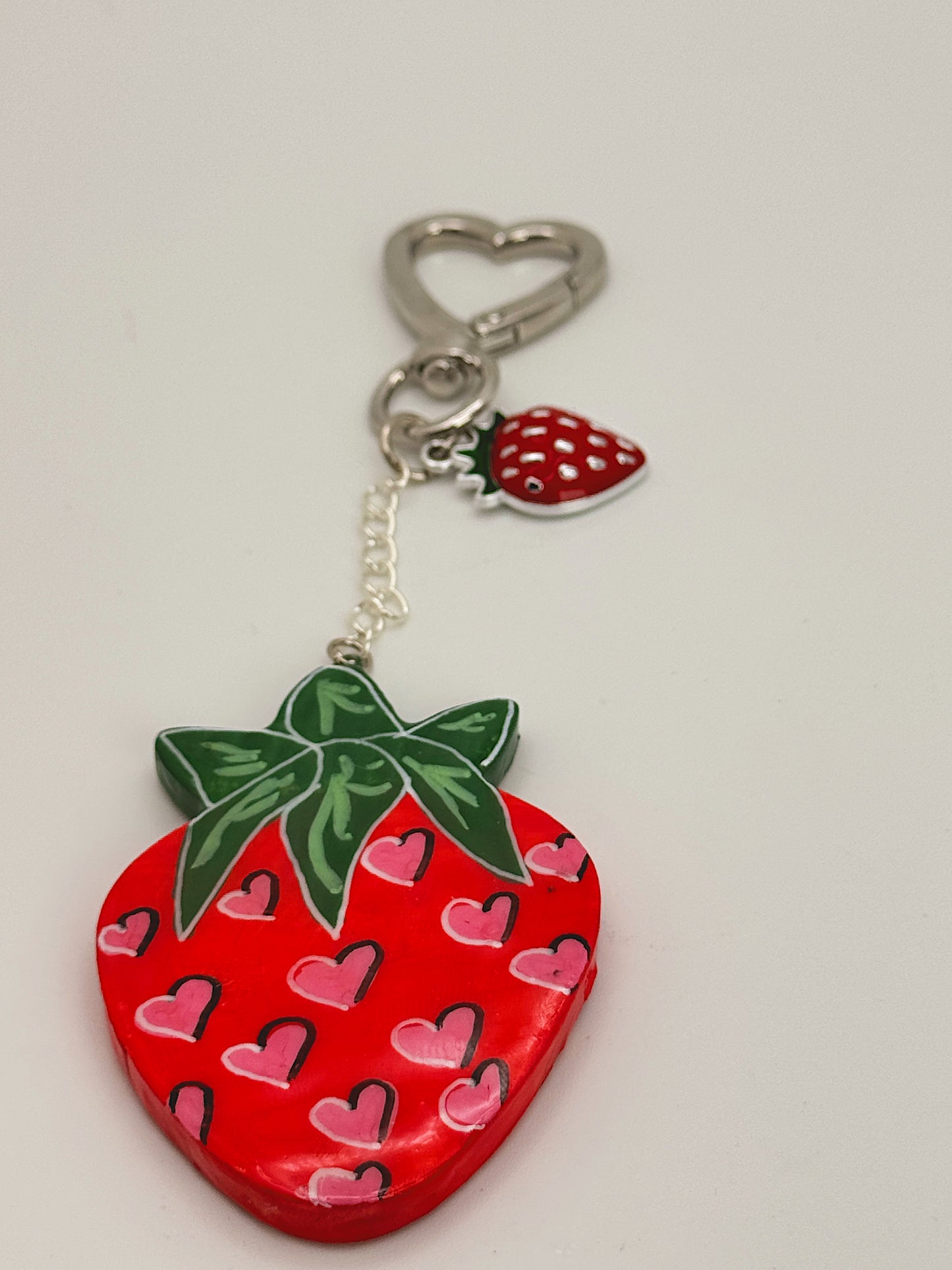 Winking Strawberry Bag Charm – Silver Heart Clip with Hand-Painted Strawberry & Charms